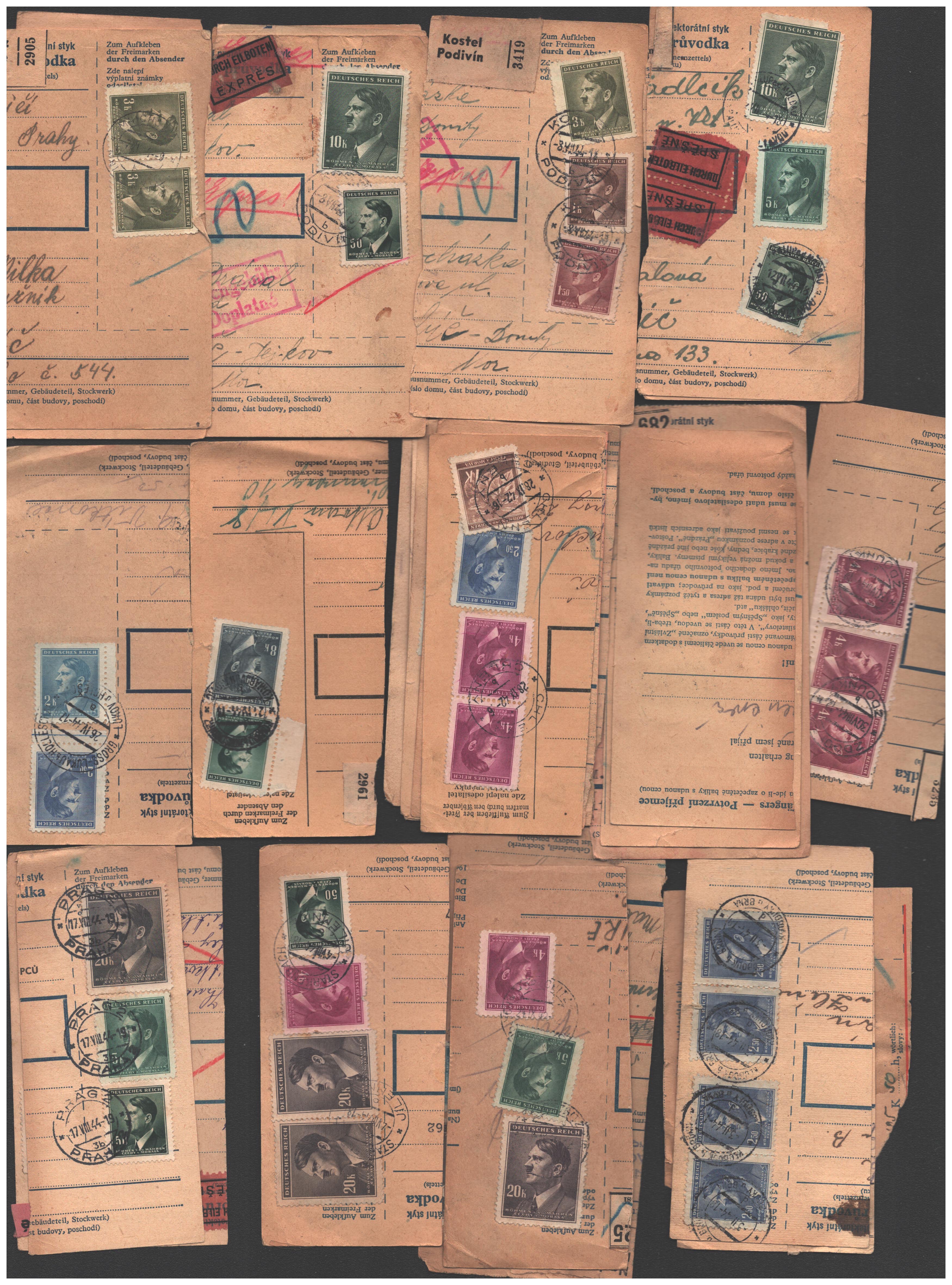 Protektorátus. 1942-44. 42 db csomagszállító szelvény Hitler-fejes bélyegekkel