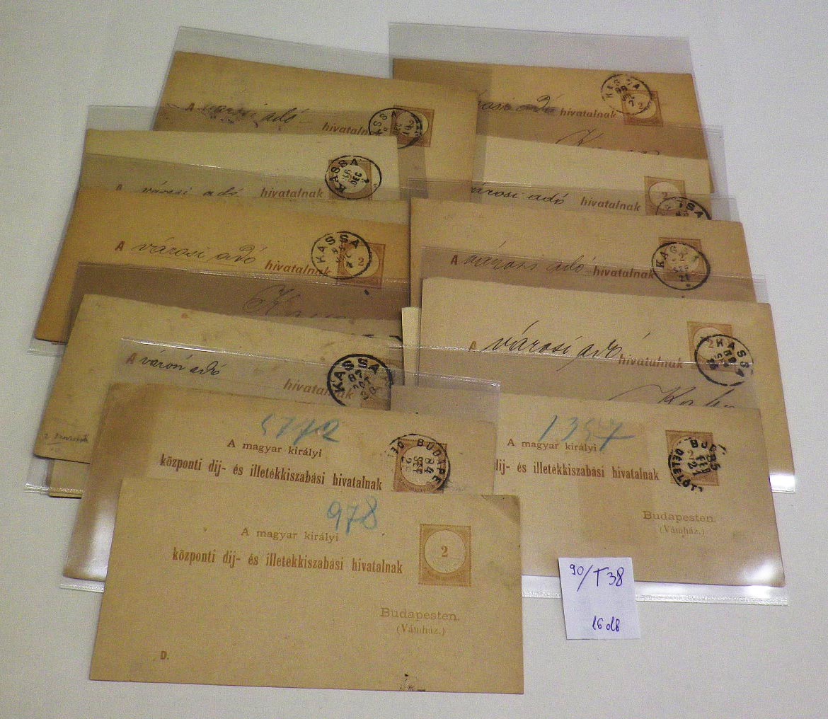1884-88. 16 db 2 kr-os adóintés vétbizonyítvány: 9 A groteszk, 4 A antikva, 1 D groteszk, 2 D antikva.