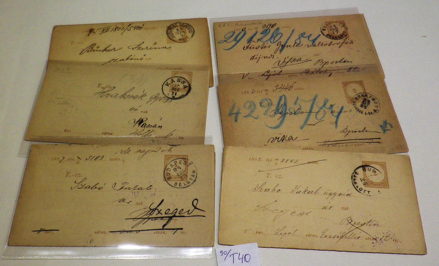1880-89. 6 db 2+2 kr-os használt teljes adóintés: 4 db D-minta, 1-1 db A- és J- minta